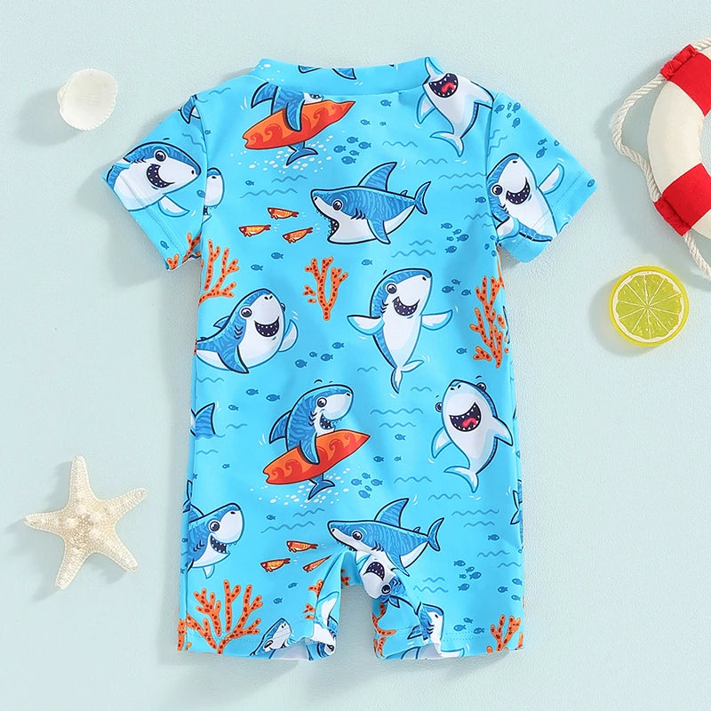 Toddler Baby Boys Rash Guard Swimsuit Rompers Zipper Short Sleeve Shark Print Kids Bathing Suit Swimwear