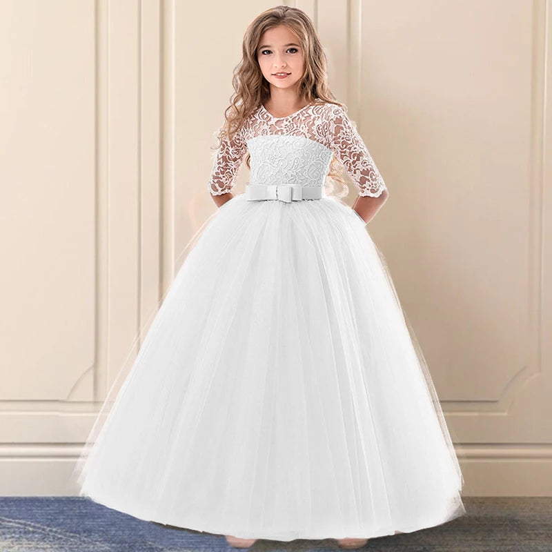 Elegant Princess Lace Dress Kids Flower Embroidery Dresses For Girls Vintage Children Dresses for Christmas Party Red Ball Gown