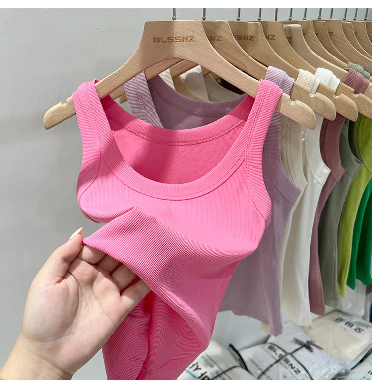 Women Solid Round Neck Ribbed Tank Top Camisole Women 2026 Summer Basic Elastic Tank Top O Neck Solid Tank Top