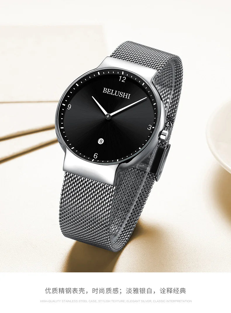 BELUSHI new Quartz Watch men ultrathin Waterproof Man Quartz Watch simple dial calendar mesh strap Fashion Mens Wristwatch