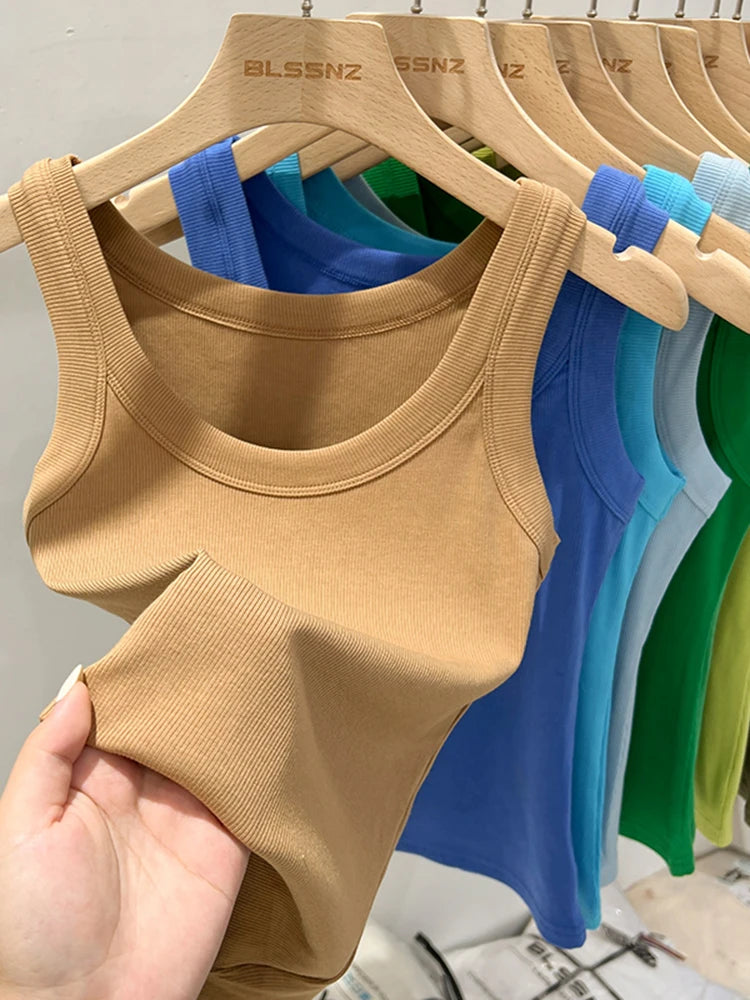 Women Solid Round Neck Ribbed Tank Top Camisole Women 2026 Summer Basic Elastic Tank Top O Neck Solid Tank Top