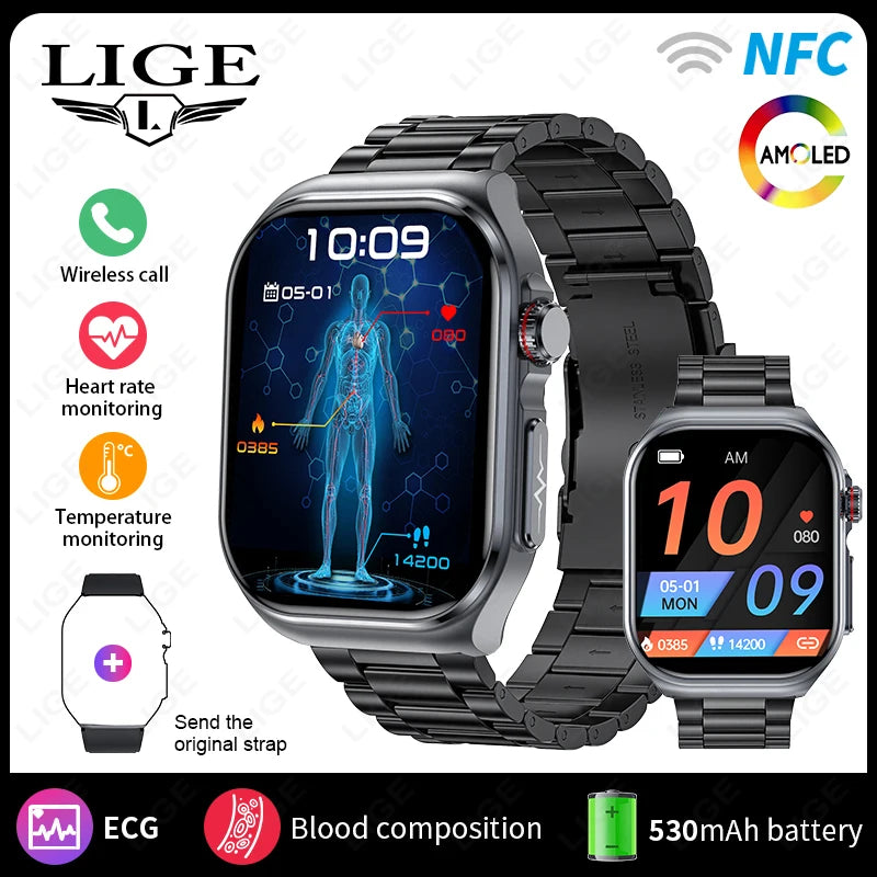 LIGE New ECG+PPG Smart Watch Micro Physical Examination Blood Lipids Uric Acid NFC Bluetooth Call Health Smartwatch Men Women
