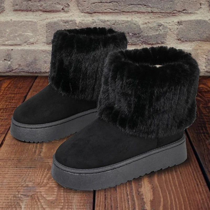 Shoes for Women Winter Slip on Women's Boots Black Round Toe Solid Flock Plush Warm Mid Heel Water Proof Casual Snow Boots Women