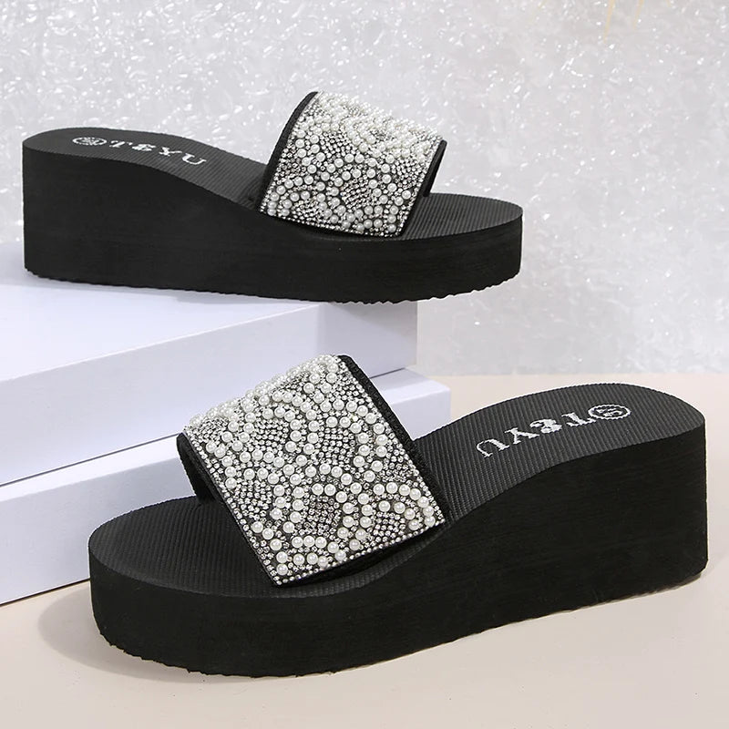 Women's Pearl Decor Platform Sandals Women 2026 Summer Thick Sole Wedge Mule Slippers Woman Light Non Slip Eva Beach Slippers