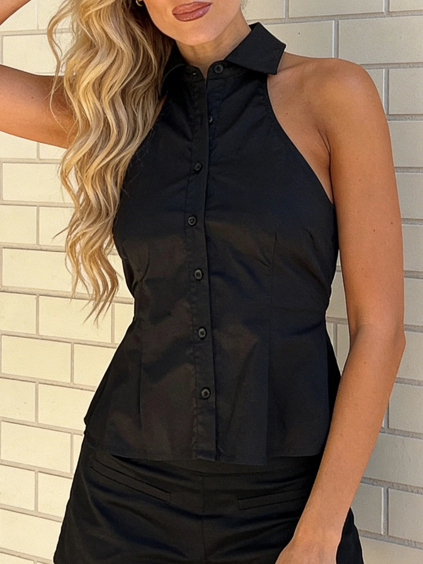 Women Button up Halter Tops Summer Trendy Lapel Tie up Backless Shirts for Streetwear Aesthetic Grunge Clothes