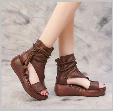 GKTINOO 2026 New Summer Black Women Leather Sandals Cool Boots Platform Shoes Wedges Sandals Women Shoes Fashion Outdoor Sandals