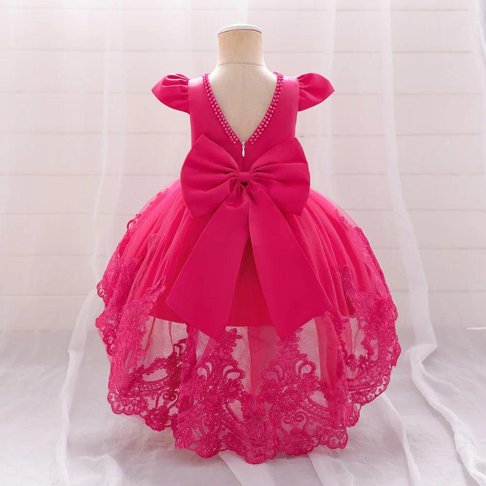 Vestido de bebé con lazo para niña, vestido de princesa de tul con cuentas, bordado de 1er cumpleaños, vestidos de fiesta para niña, disfraz de bautismo rosa