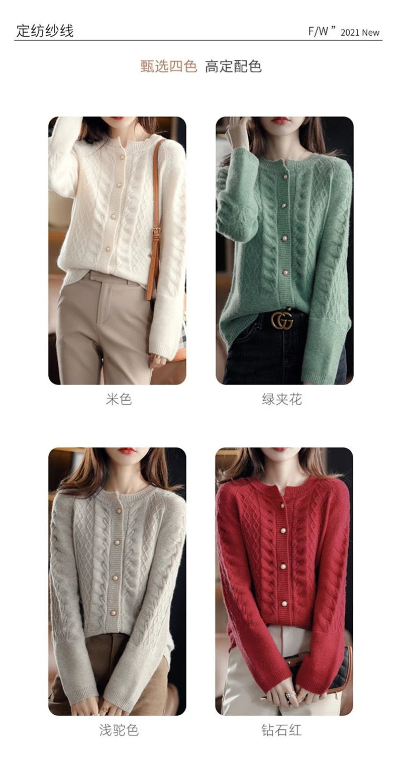 Cashmere Sweater Cardigan Women Single Breasted Long Sleeve Elegant Vintage Jumper Solid Wool Knitted Autumn Winter Outwear