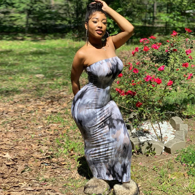 Spring And Summer Dresses For Women Chest Wrap Printed Off Shoulder Bandage Slim Sexy Long Dress New Fashion Party Long Sleeve