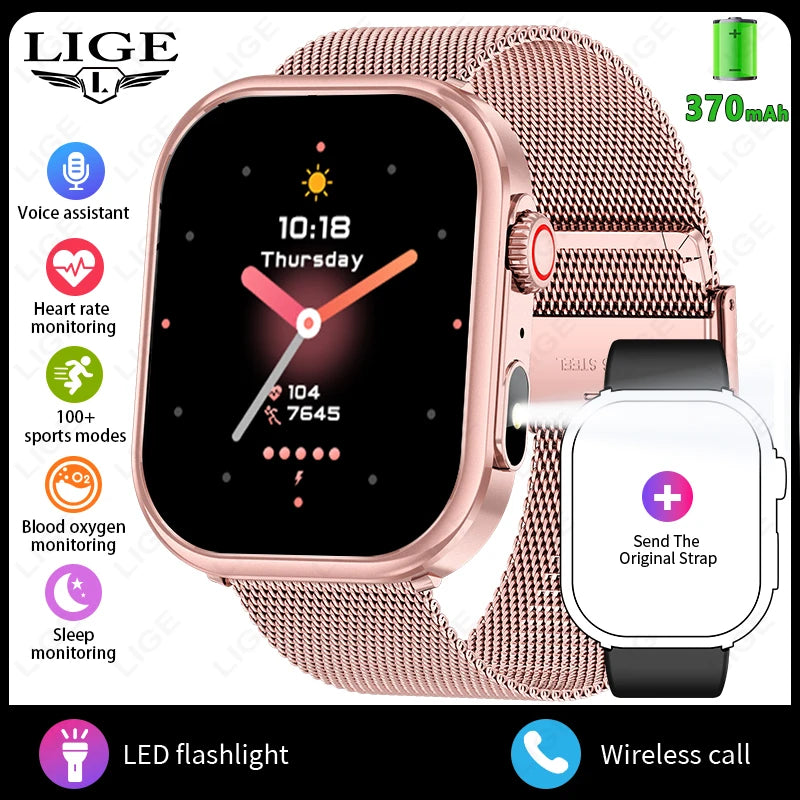 LIGE Women Smart Watch 2.01" IP68 Waterproof Outdoor Sports Tracker LED Flashlight Bluetooth Call Men Smartwatch For Android iOS