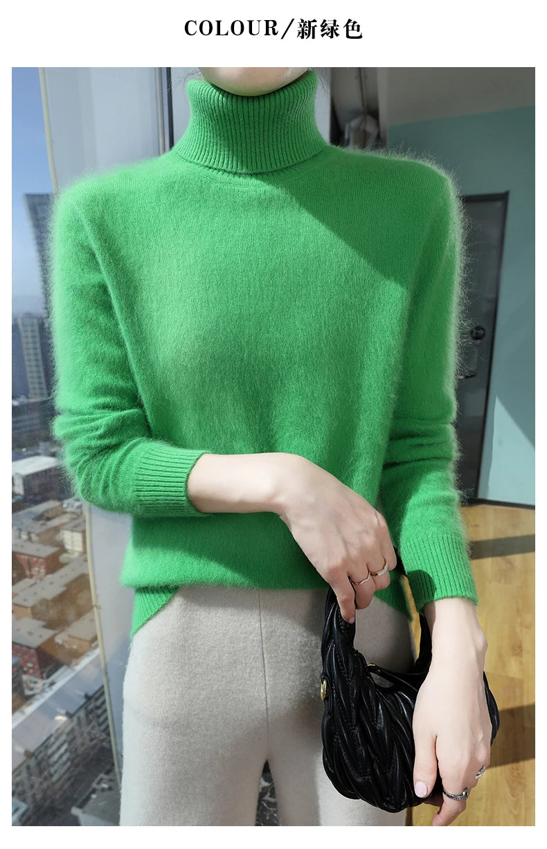 100% Mink Cashmere Top-Lapel Women Sweater Long-sleeves Fashion High-elasticity Sexy Winter Knitted Pullover Girl Tops 2024