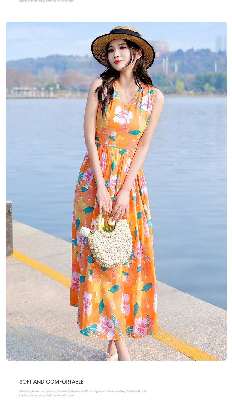 Spring Summer Dresses Fashion Female Sleeveless printed Casual Dress Women A-line Dresses Vestidos