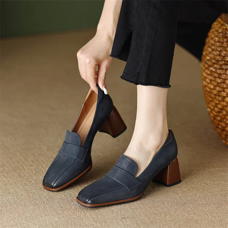 2024 Spring New GENUINE LEATHER Women Shoes LEISURE Women Slip-On Shallow Pumps Square Toe Heels Shoes Women Zapatos De Mujer