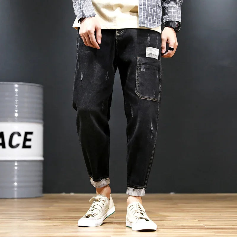 Black Jeans Men Denim Blue Jean Distressed Boys Jogger Pants Hip Hop Harem Stretch Male Teenager Trousers Plus Size 42 44 46 48