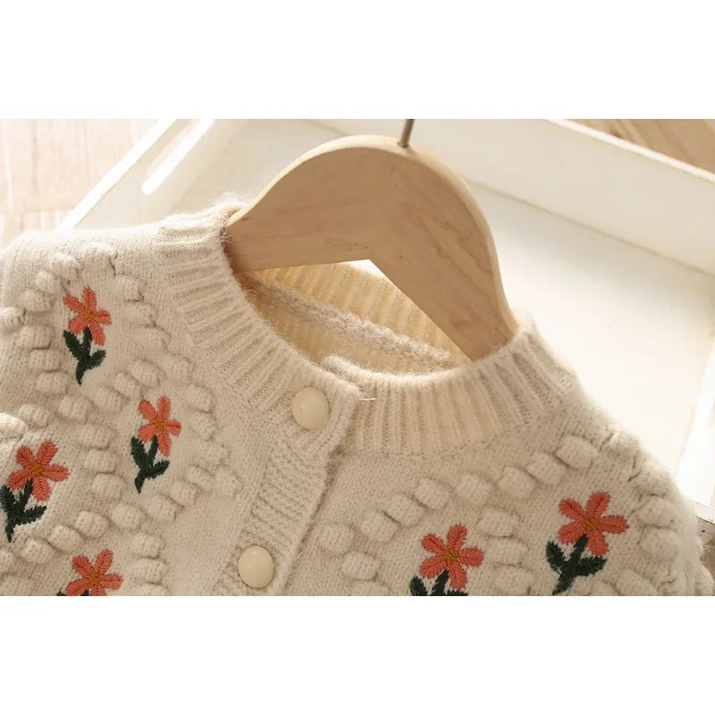 Ropa de otoño para niña, suéteres con flores dulces para niño, cárdigan de punto bordado, ropa de abrigo cálida para niño, ropa coreana para niña bebé