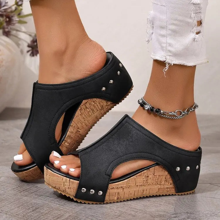 Women's Fashion Wedge Sandals Cork Platform Mules Open Toe Studded Slide Sandals Casual Summer High Heel Slides for Women Ladies