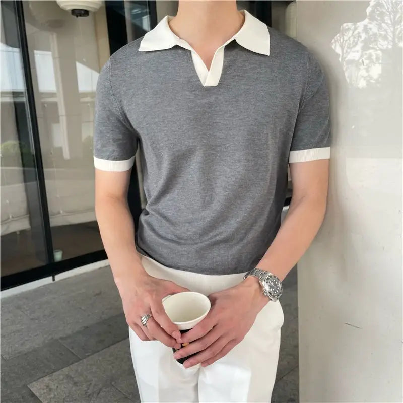 Summer Lapel Breathable Short Sleeve Temperament Men's Clothing Slim Version Solid Color Trend Knitted POLO Shirt