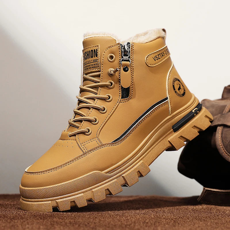 Winter Fleece-Lined Warm High-Top Men's Boots, Korean Style Versatile Men's Boots, Thickened Lightweight Cotton Shoes, Trendy Outdoor Snow Boots