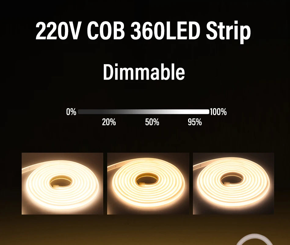 COB LED Strip 360leds/M High Bright EU Plug 220V CRI RA90 Waterproof Outdoor Garden FOB LED Tape For Bedroom Kitchen Lighting