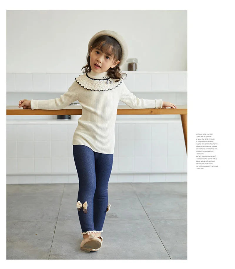 Girls Jean Pants Autumn Winter Warm Children Leggings Thicken Velvet Bowknot Kids Trousers Baby Girl Pants Icing Leggings