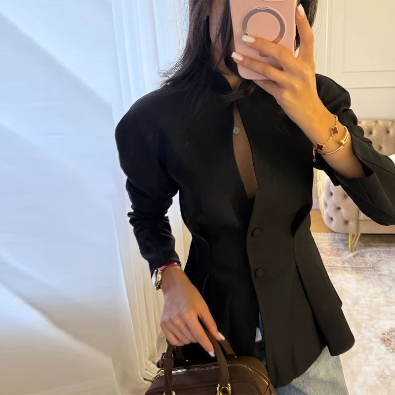 Elegant Pleated Waist Cinched Women's Jacket  Chic V Neck Single Breasted Lace Up Coat 2026 Lady Casual Slim Commute Outerwear