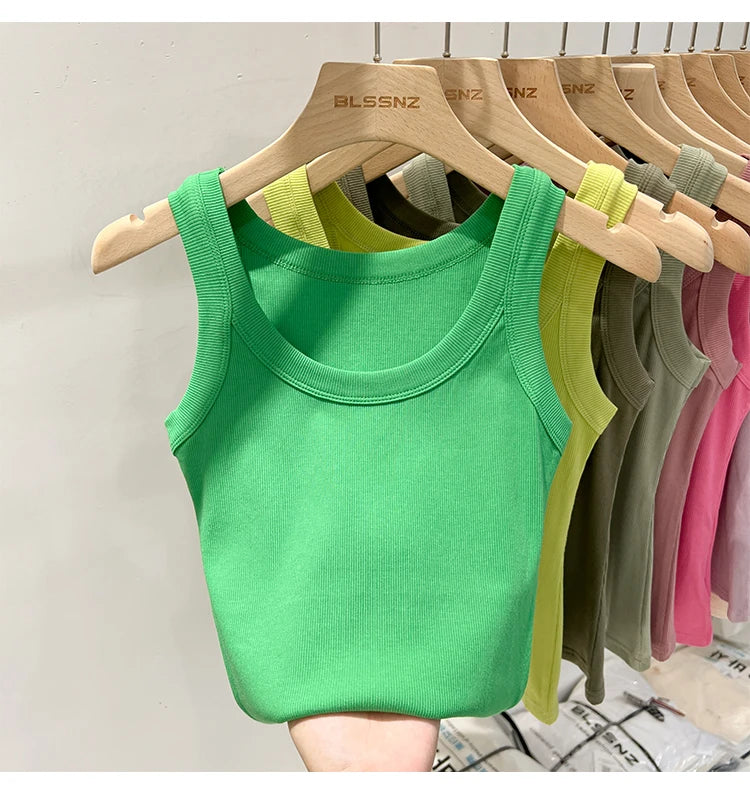 Women Solid Round Neck Ribbed Tank Top Camisole Women 2026 Summer Basic Elastic Tank Top O Neck Solid Tank Top