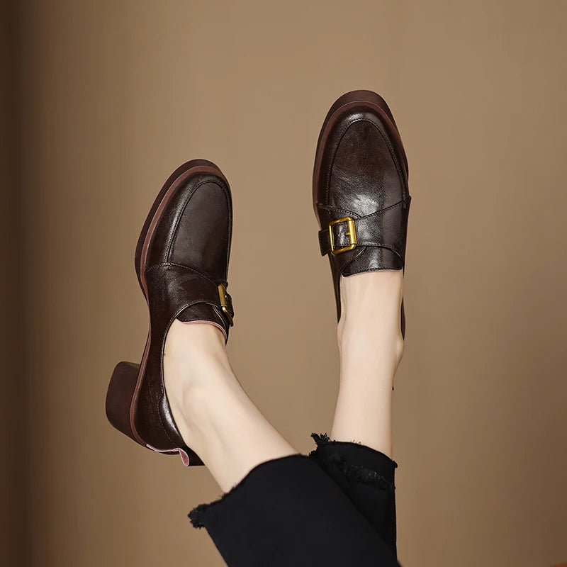 2026 New Women Pumps Pointed Toe Women Shoes Chunky Heel Loafers Fashion High Heels Split Leather Ladies Shoes Big Size 43