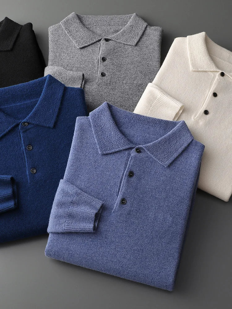 Fashion Autumn Winter New Cashmere Sweater Men's 100% Merino Wool Pullover Casual Loose POLO Knitted Bottom Shirt Jacket Shirt