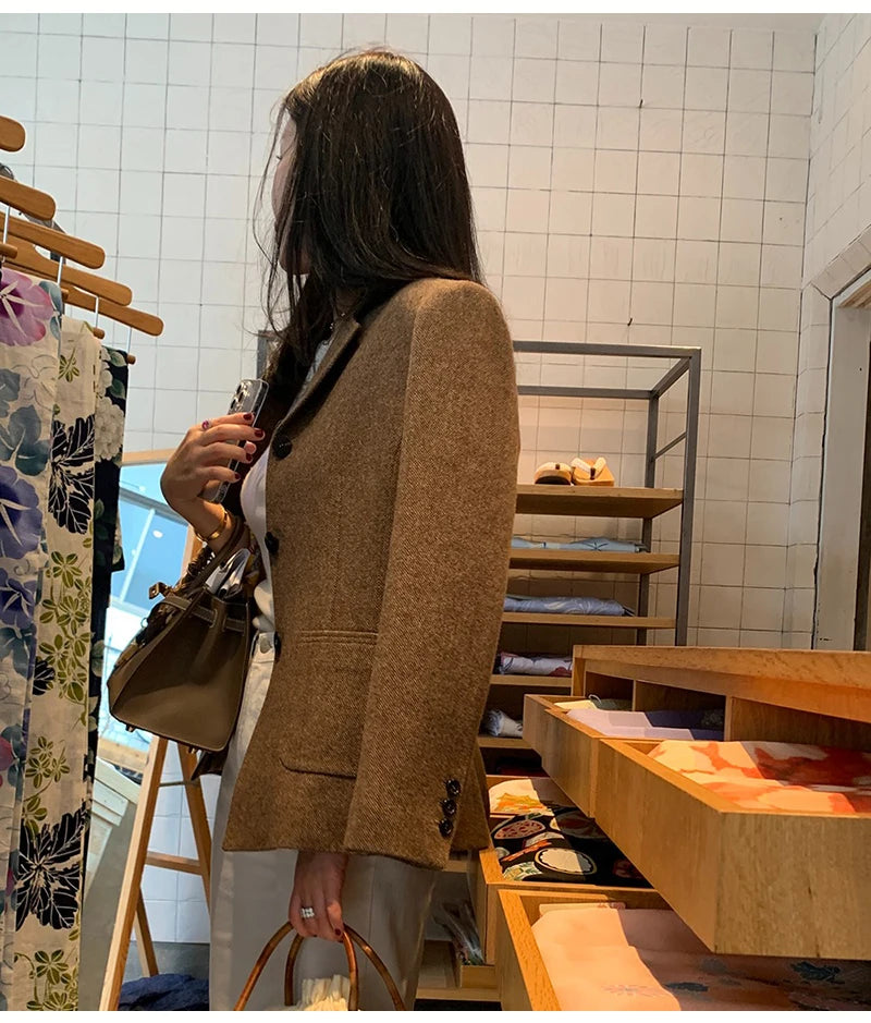 50 Wool Women Notched Collar Blazer Jacket Coat Fall Winter Thick Warm Overcoat Pocket Fashion Slim Waist Buttons Coat 2024 New