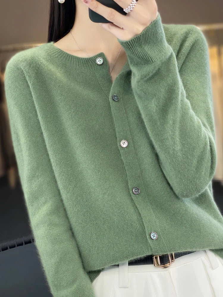 Women Cashmere Sweater 100% Merino Wool Knitted Cardigan Autumn Winter  Knitwear O-Neck Female  Solid Color Casual Fashion Top