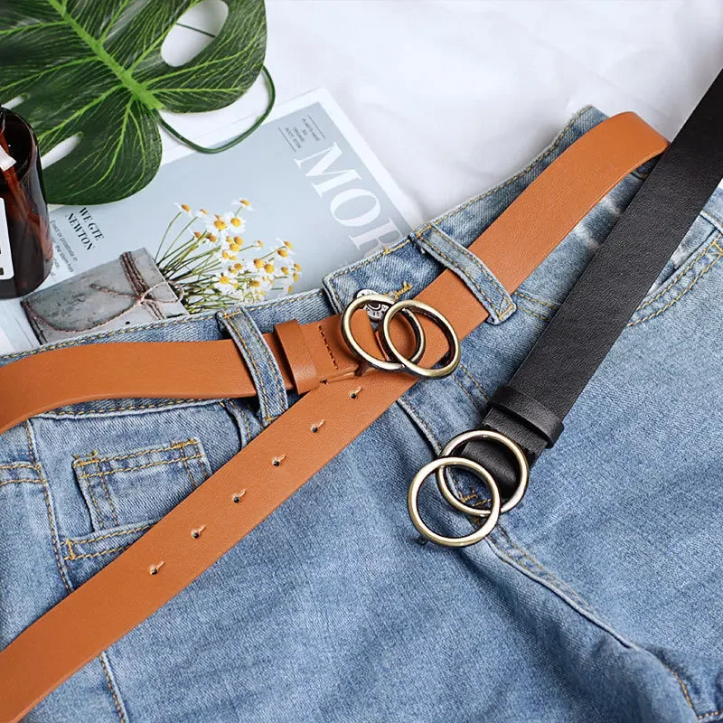 Fashion Leather Belt Women Waist Luxury Black Leopard Belts for Jeans Dresses Woman Double Round  Buckle Girls Ladies Decorative