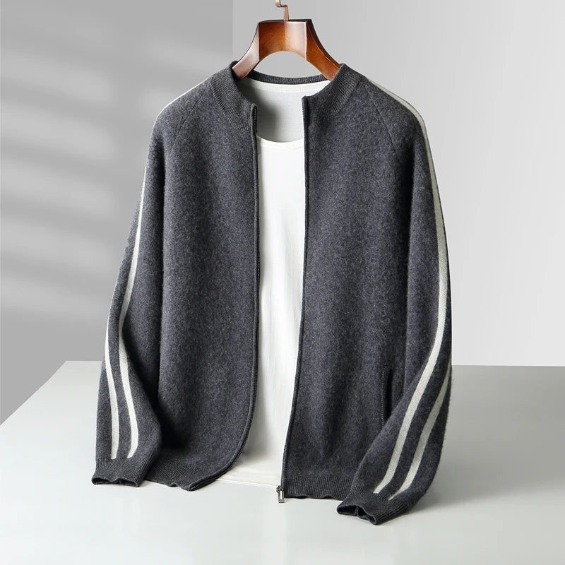 Winter Cashmere Sweater Men's Round Neck Knitted Jacket Contrast Striped Zipper Cardigan Youth Wool Thick Sweater