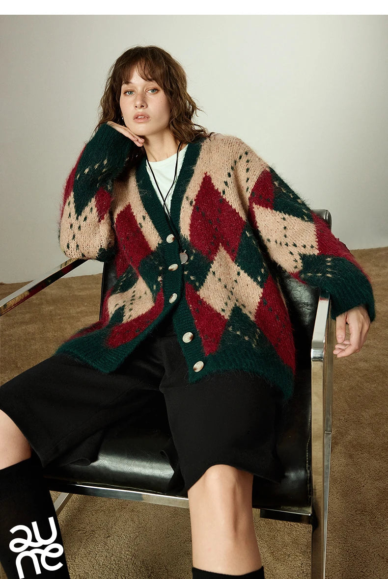 TOYOUTH Women Sweater Coats 2025 Winter New Retro Nordic Colorblock Argyle V-Neck Loose Wool-Blend Outerwear