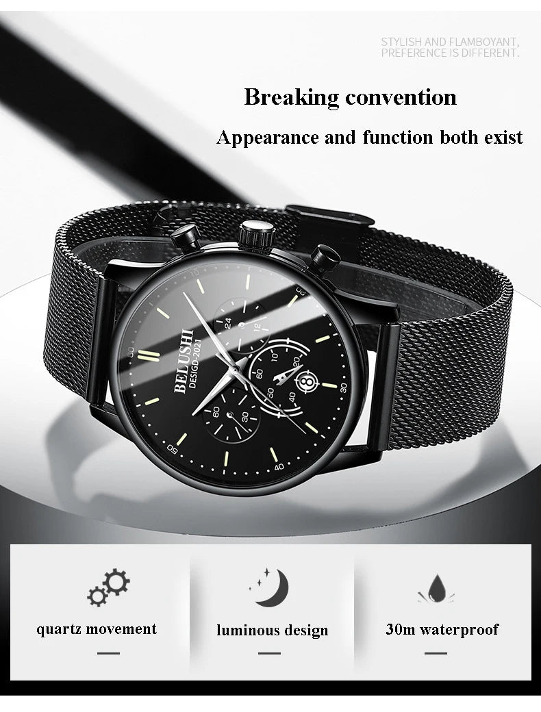 Simple Casual Ultra Thin Quartz Mens Watches Top Brand Luxury Man Wristwatch Black Steel Mesh Waterproof Male Clock