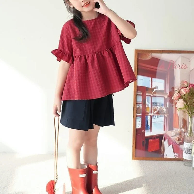 Girls' Doll Shirt 2025 Summer New Style Children's Checkered Short Sleeved Shirt Baby Retro