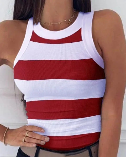 Women's Clothing Tops Tanks Camis Digital Printed Round Neck I-Shaped Vest Sexy Summer Striped Sleeveless Vest for Women Vests