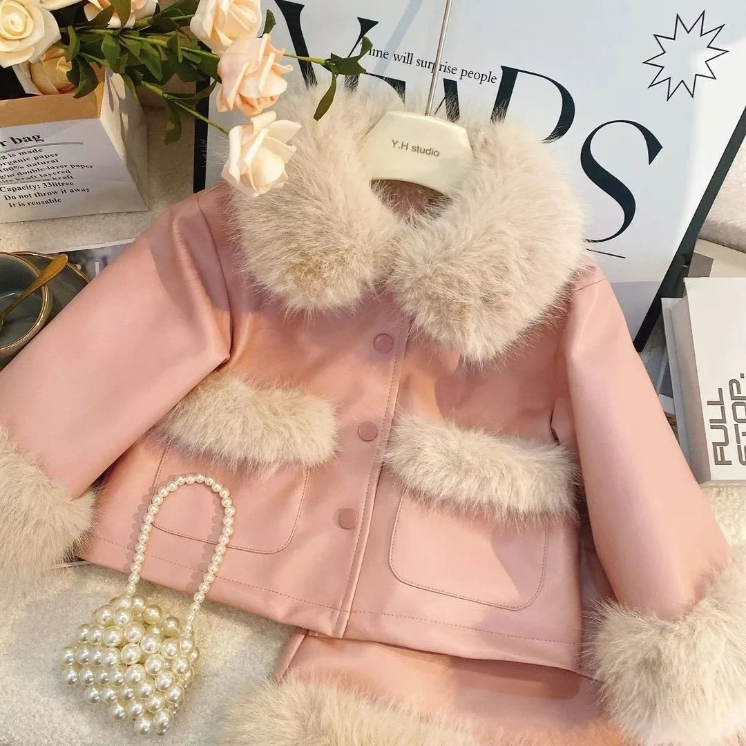 Girls' Clothing Set Autumn/Winter Children's Plush Thick PU Coat+Half Skirt 2-piece Set New Year's Wear