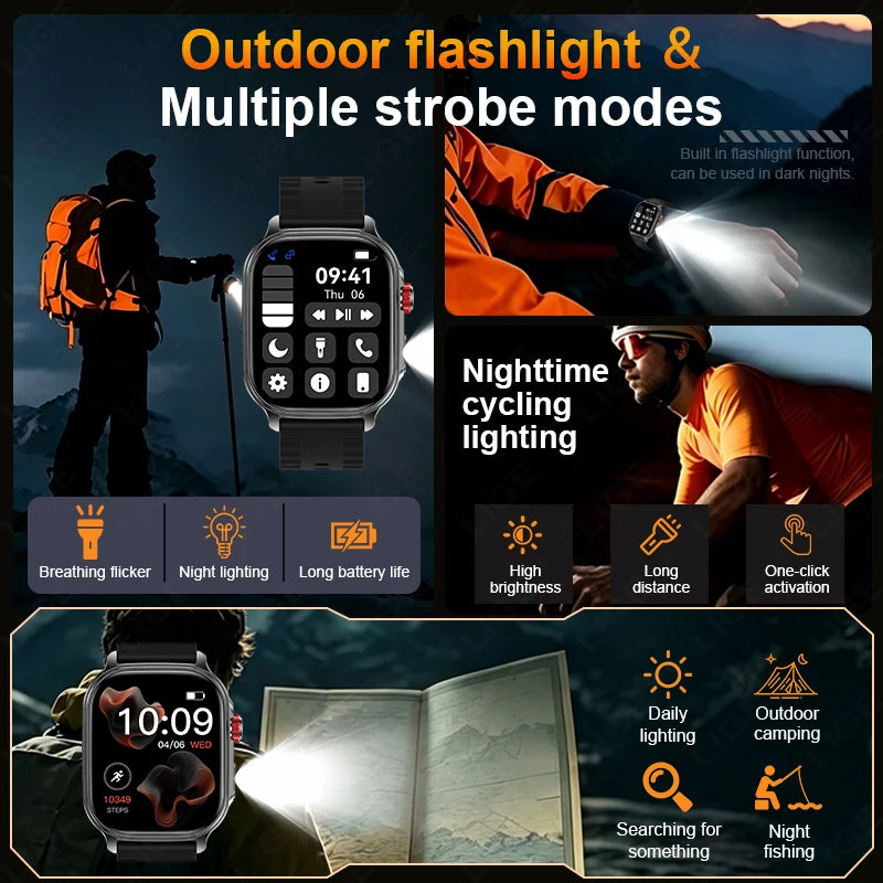 LIGE New Smart Watch Men Women 1400mAh Ultra Battery 2.01Inch HD Screen LED Flashlight IP68 Waterproof Bluetooth Call SmartWatch