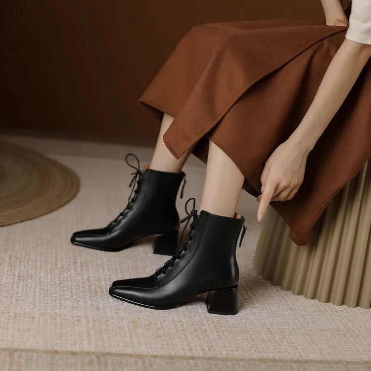 2022 Autumn Women Boots Square Toe Back Zipper Women Shoes Chunky Heels Shoes for Women High Heel Boots Vintage Leather Shoes