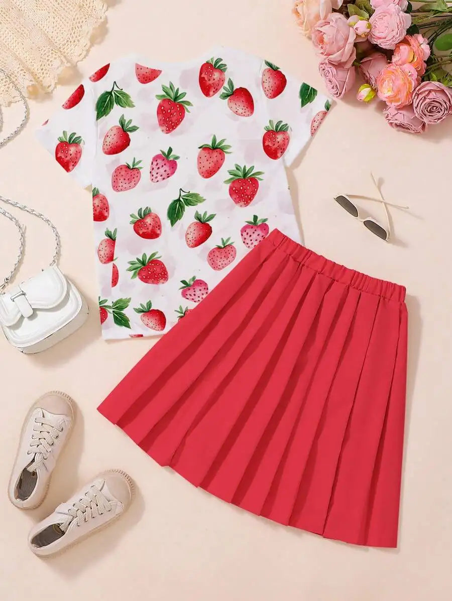 Girls Summer 7-14Y Round Neck Strawberry Print Short Sleeve Solid Red Pleated Skirt 2-Piece Outfit for Daily Casual Kids Cute