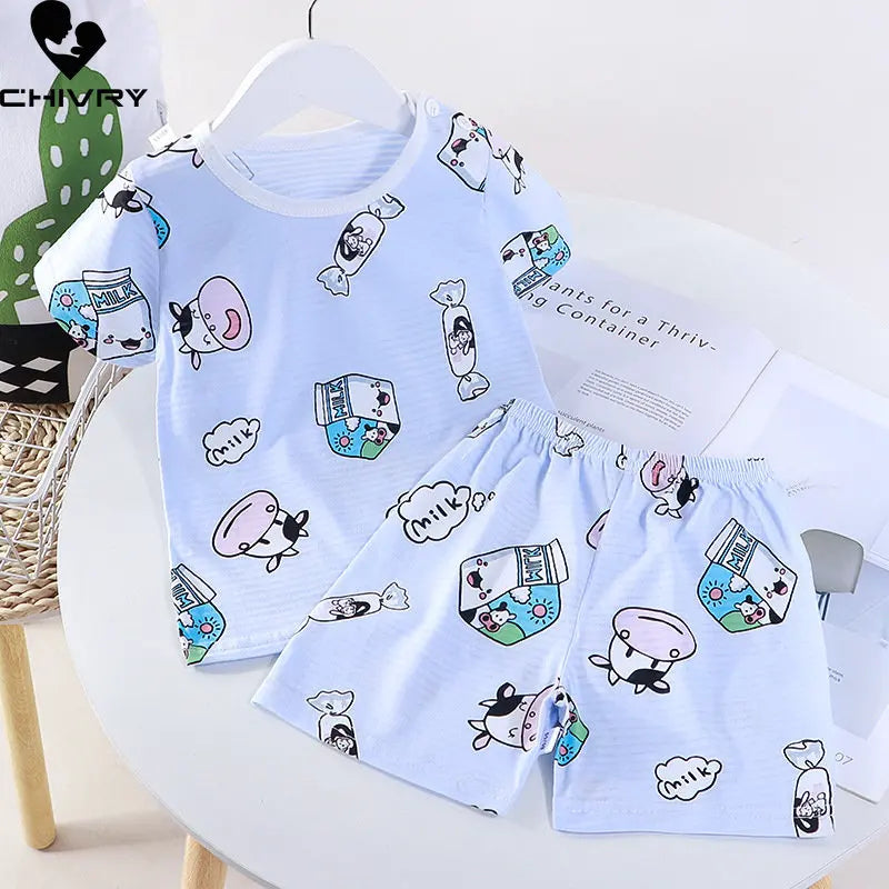 Pijamas para niños y niñas, Tops finos y transpirables de manga corta con cuello redondo y pantalones cortos, conjuntos de ropa para dormir para bebés, verano 2023