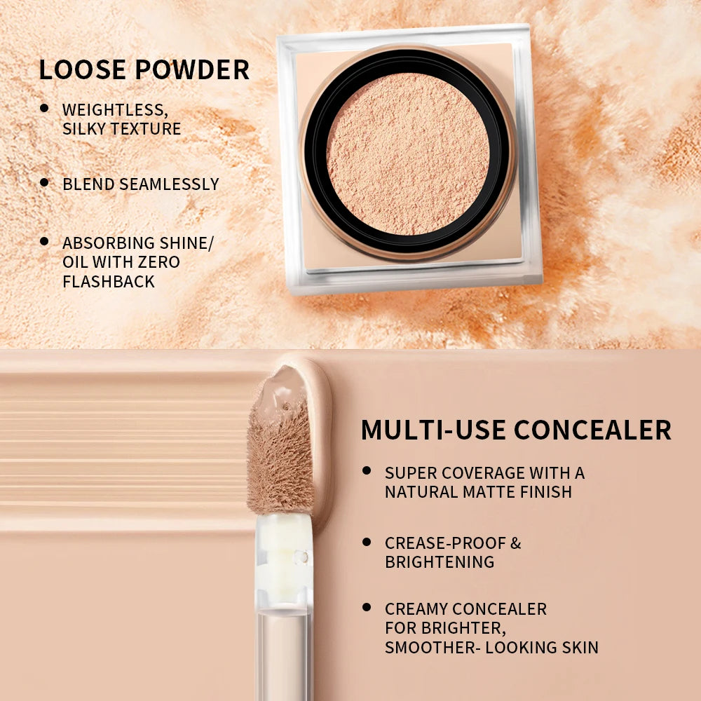 2pcs Face Makeup Set With Concealer And Loose Setting Powder Natural Face Smooth Matte Finish Women Cosmetics Korean Makeup