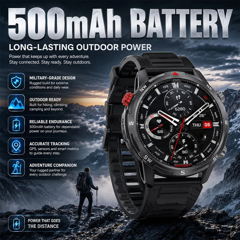 New Outdoor Smart Watch 1.43inch Screen 2GB Memory Map Navigation GPS Positioning 5ATM Waterproof LED Flashlight Smart Watch
