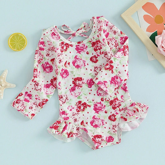 Toddler Baby Girl  Swimsuit Floral Ruffle Long Sleeve Swimwear Rash Guard Bathing Suit Kids Beach Outfit