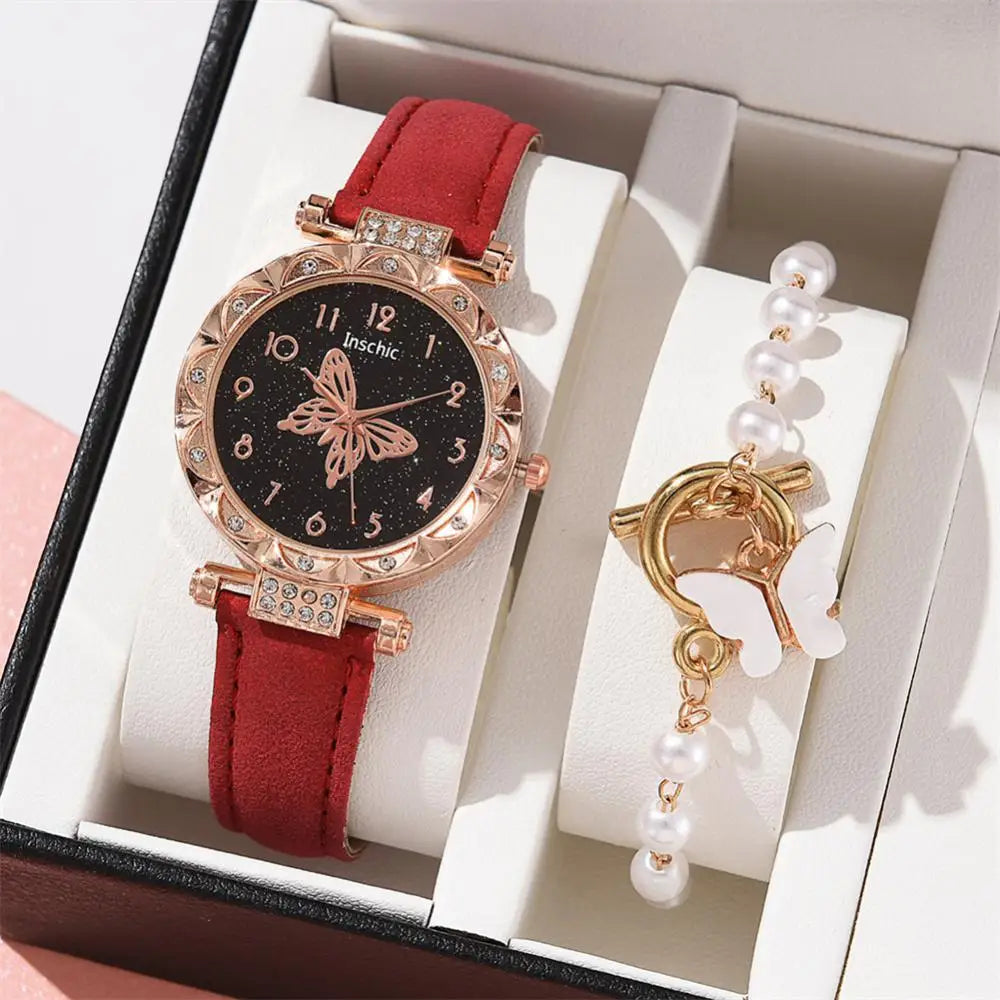 Women Fashion Watch Set No Box Quartz Wristwatch Luxury Crystal Rhinestone Pearl Quartz Watches Butterfly Watches Bracelet Set