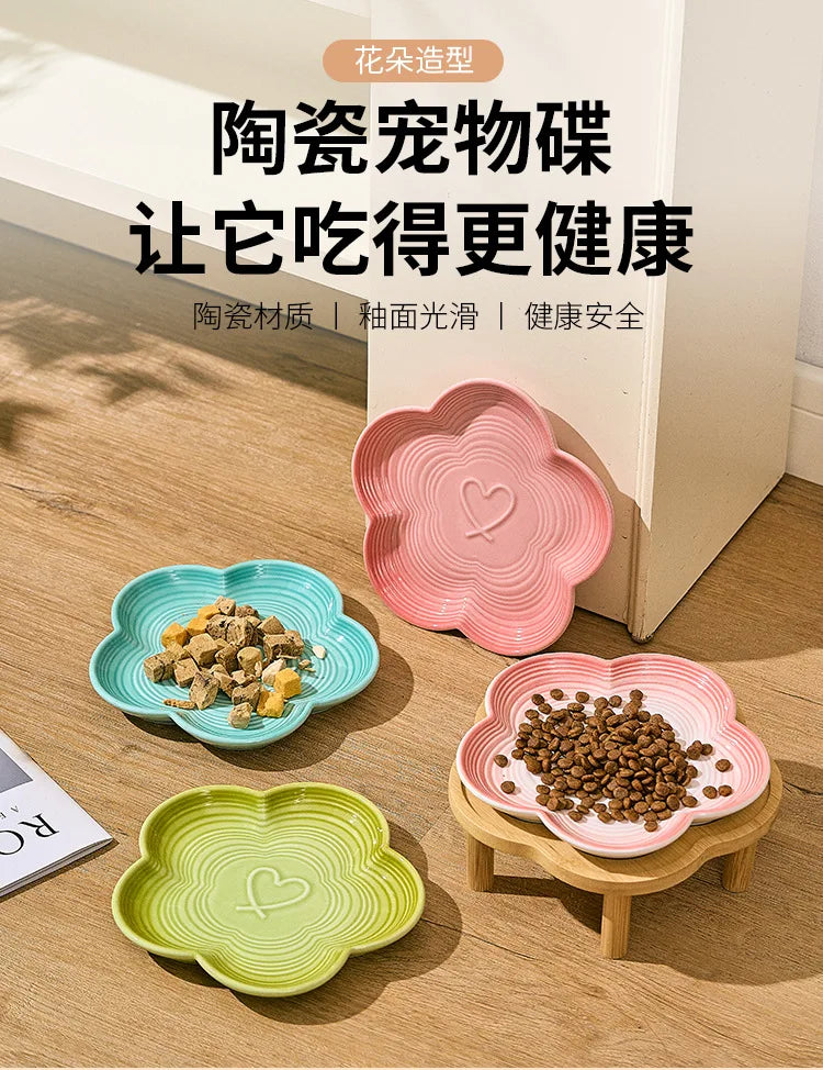 High Aesthetic Ceramic Pet Bowl with Wood Stand, Shallow Dish for Cat Snacks, Cute Bow Knot Pattern, Cat Food Dish,Home Kitchen