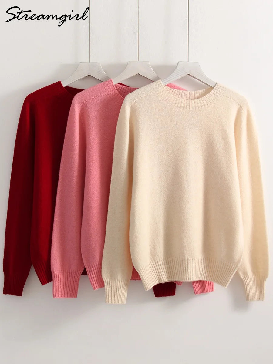 Women Cashmere Sweaters Burgundy O Neck Warm Knitted Brown Pullover Jumper Autumn Winter Wool Sweater Woman Purple Knit Top