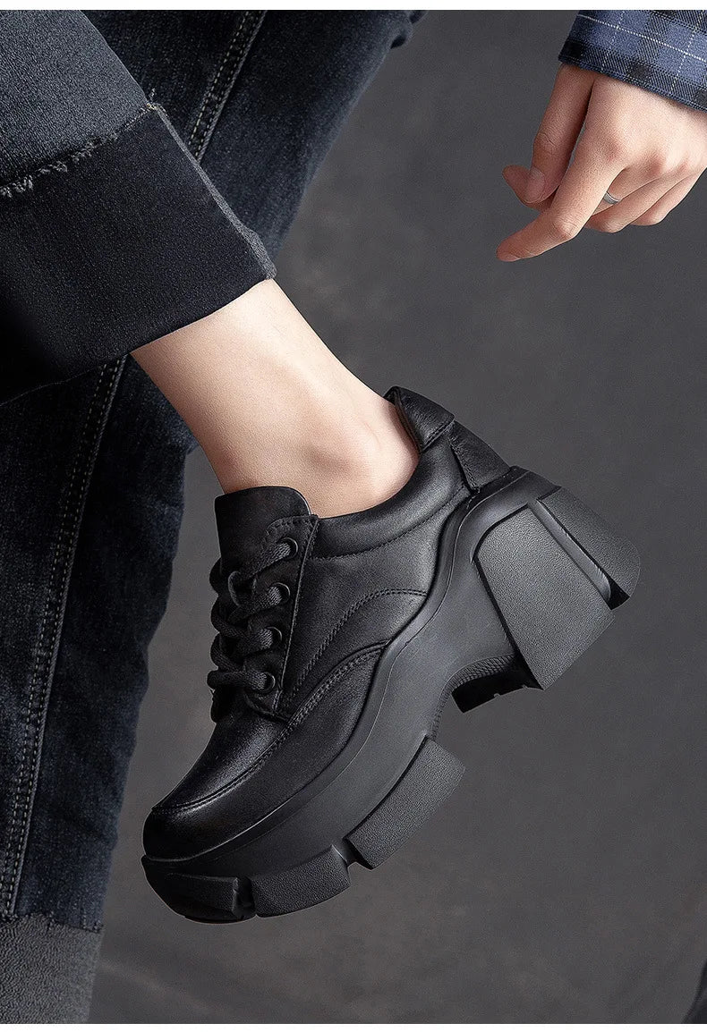 GKTINOO 2026 Women Shoes Handmade Retro 100% Genuine Leather Thick High Heel Chunky Platform Casual Height Increasing Shoes