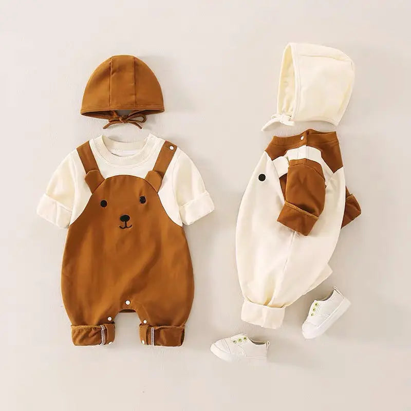 Autumn Baby Clothes Newborn Outfit Super Cute Baby Jumpsuit Contrasting Color Suspenders and Hood Outdoor with Cap