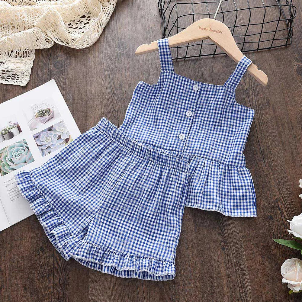 Menoea 2-Pieces Sets Baby Girls Fashion Clothes for Children's Clothing New Summer Kids Plaid Suspender Vest Pants Suits Outfits